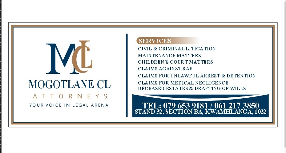 Mogotlane CL Attorneys card showing the logo, list of services and contact details